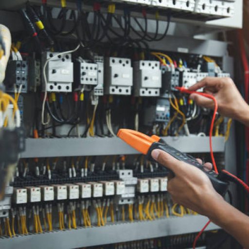 Electrician measurements with multimeter testing current electric in control panel, safety concept .